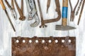 Old tools and rusty metal sheet Royalty Free Stock Photo