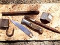 Old tools, rusty objects, broken knife, destroyed tools iron man workers, rusty lacquer Royalty Free Stock Photo