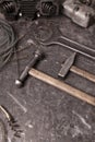 Old tools set on a vintage metallic background with space for text Royalty Free Stock Photo