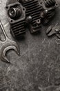Old tools set on a vintage metallic background with space for text Royalty Free Stock Photo