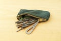 Old tools in small bag on wooden table surface. Hobby, workshop, repairs work, instruments Royalty Free Stock Photo