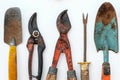 Old tools, vintage garden tool set on white background