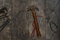 Old tools on a wooden bench