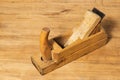 Old tools. Wooden planer. Joiner`s tool