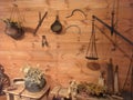 Old tools in a wooden room Russian