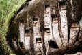 Old torajan burial site in Bori, Tana Toraja. The cemetery with coffins placed in a huge stone. Indonesia, Sulawesi, Rantepao Royalty Free Stock Photo