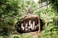 Old torajan burial site in Bori, Tana Toraja. The cemetery with coffins placed in a huge rock. Rantapao, Sulawesi, Indonesia