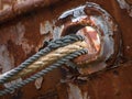 Old almost torn ship ropes on fisher boat wreck Royalty Free Stock Photo