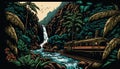 Old tourist train in the jungle, waterfall and river. Generative AI