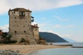 Old tower at the beach in Ouranoupoli, Athos peninsula, Chalkidiki, Greece