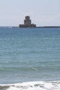 Old tower in fort and historical castle in ancient picturesque town Methoni on Peloponnese, Greece, tourist destination Royalty Free Stock Photo