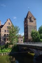 Old Tower Schuldturm and Heubrucke bridge across Pegnitz river