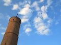 Tall old tower and birds in blue sky with white clouds