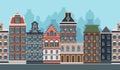 Old town background. Seamless urban landscape with vintage european buildings retro city garish vector cartoon