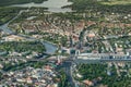 Old town Berlin Spandau with town hall, train station and `Spandau Arcaden` in front, with the river Havel