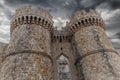 Old town castle at night with two tower of Greek Rhodes old castle