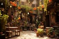 Old Town Charm. Vintage Floral Decor Elevating the Ambiance in the Serene Courtyard