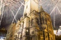 Old Town City Hall in Prague (Night view) and holiday fireworks, view from Old Town Square, Czech Republic Royalty Free Stock Photo