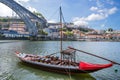 Old town cityscape on the Douro River with traditional Rabelo boats, Porto, Portugal.