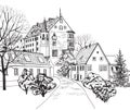 Old town cityscape with street. Sketch of historic building and house.