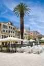 Coffee shop on the street of The Old Town Corfu Kerkyra, Spianada Square, Corfu Island, Greece.