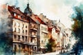 An old town with facades of houses, the picture is painted with watercolors on textured paper