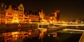 Old town in Gdansk at night. The riverside on Granary Island reflection in Moltawa River Cityscape at twilight. Ancient Royalty Free Stock Photo