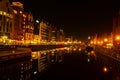 Old town in Gdansk at night. The riverside on Granary Island reflection in Moltawa River Cityscape at twilight. Ancient Royalty Free Stock Photo