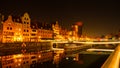 Old town in Gdansk at night. The riverside on Granary Island reflection in Moltawa River Cityscape at twilight. Ancient Royalty Free Stock Photo