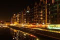 Old town in Gdansk at night. The riverside on Granary Island reflection in Moltawa River Cityscape at twilight. Ancient Royalty Free Stock Photo