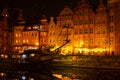 Old town in Gdansk at night. The riverside on Granary Island reflection in Moltawa River Cityscape at twilight. Ancient Royalty Free Stock Photo