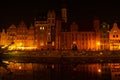 Old town in Gdansk at night. The riverside on Granary Island reflection in Moltawa River Cityscape at twilight. Ancient Royalty Free Stock Photo