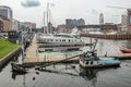 Old Town in Gdansk with wreck of a wooden boat