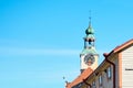 Old town hall with clocktower in Rauma city, Finland. Copy space. Royalty Free Stock Photo