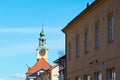 Old town hall with clocktower in Rauma city, Finland. Copy space. Royalty Free Stock Photo