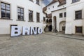 Old Town Hall, courtyard with inscription in large letters of the name of the city of Brno, Czech Republic