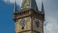 Old Town Hall tower of Prague timelapse hyperlapse with Astronomical Clock Orloj close up view, Czech Republic. Royalty Free Stock Photo