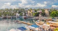 Old town Kaleici in Antalya. Panoramic view of Antalya Old Town port, Taurus mountains and Mediterrranean Sea, Turkey Royalty Free Stock Photo