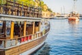 Old town Kaleici in Antalya. Panoramic view of Antalya Old Town port, Taurus mountains and Mediterrranean Sea, Turkey Royalty Free Stock Photo