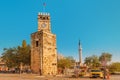 Old town Kaleici panoramic view with mosque minaret and Clock Tower. Antalya tourist resort Royalty Free Stock Photo