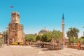 Old town Kaleici panoramic view with mosque minaret and Clock Tower. Antalya tourist resort Royalty Free Stock Photo