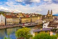 Old Town and Limmat river Panorama of Zurich city Switzerland Royalty Free Stock Photo