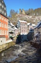 The Old Town of Monschau, Germany. City centre in snow winter. Beautiful views of the historic centre of the old town of Monschau
