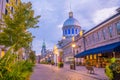 Old town Montreal at famous Cobbled streets at twilight