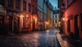 The old town narrow cobblestone footpath illuminated by lanterns generated by AI