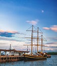 Old Town pier with sailing ship in Oslo, Norway Royalty Free Stock Photo