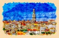 Old town Porto with tower Clerigos Torre dos Clerigos view with colorful houses, Portugal. Aquarelle watercolor sketch. Royalty Free Stock Photo