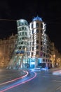 The old town of Prague, Czech Republic. Modern building, also known as the Dancing House, designed by Vlado Milunic