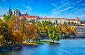 Old town of Prague, Czech Republic over river Vltava with Saint Vitus cathedral on skyline. Bright sunny day blue sky. Praha Royalty Free Stock Photo