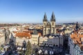 Old Town of Prague, Czech Republic. View on Tyn Church and Jan Hus Memorial on the square as seen from Old Town City Hall during Royalty Free Stock Photo